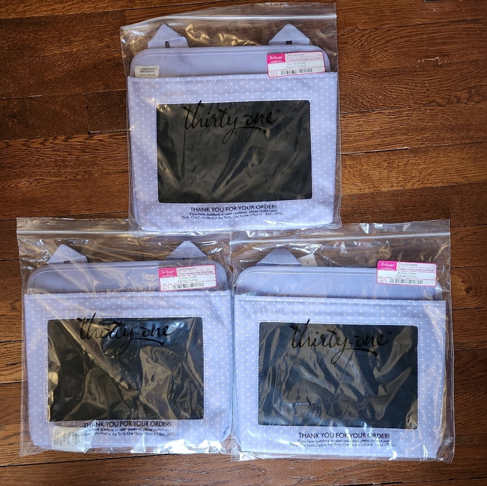 3 NEW Thirty-One 31 Lavender Swiss Dot Oh-Snap Pockets Chalk Purple Organizer